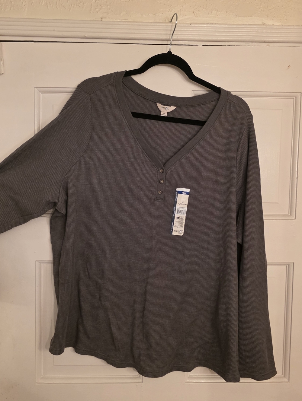 Terra & Sky Waffle Henley Green Ribbed Henley Long Sleeve Top